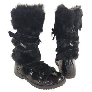 Sonia Rykiel Patent Leather & Fur Lace-Up Boots Size 37 US 7 Womens Black $450